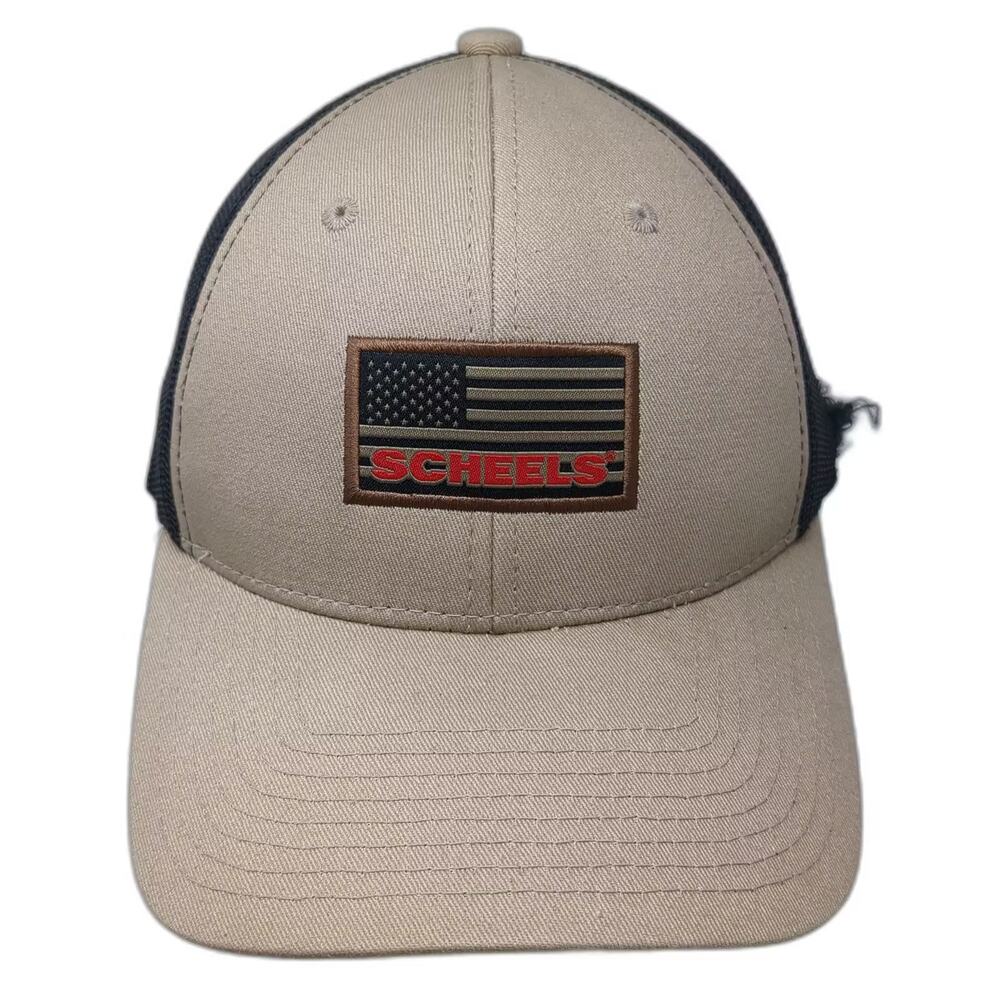 Scheels Trucker Hat Beige Black OS Adjustable Snapback American Flag Patch Cap